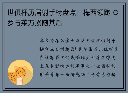 世俱杯历届射手榜盘点：梅西领跑 C罗与莱万紧随其后